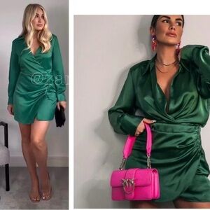 Zara green satin effect long sleeve mini wrap shirt dress Sz S NWOT